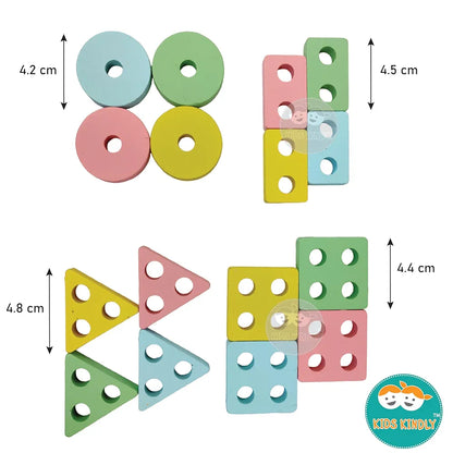 KIDS KINDLY Wooden Geometric Shape Sorter for Kids, Four Column Set - 16 Blocks, Birthday Gifts for Boys & Girls, Age 2+