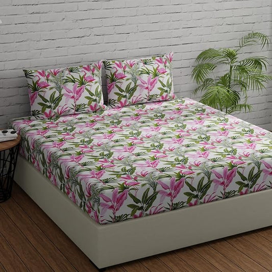 Huesland by Ahmedabad Cotton 144 TC Bedsheet for King Size Bed with 2 Pillow Covers | Flamingos Pink