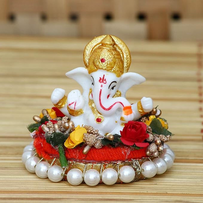 Ecraftindia Resin Lord Ganesha Idol on Decorative Plate | Lord Ganesha Idol | Ganesha Statue for Puja Room