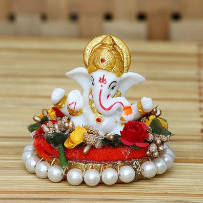 Ecraftindia Resin Lord Ganesha Idol on Decorative Plate | Lord Ganesha Idol | Ganesha Statue for Puja Room