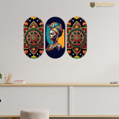 Artvibes African Lady and Mandala Pattern Wooden Wall Hanger for Home | Artworks | Set of 3