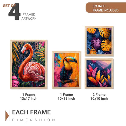 Kotart Nature Inspired Beautiful Flamingo and Botanical Leaf Paintings of 4 frames H