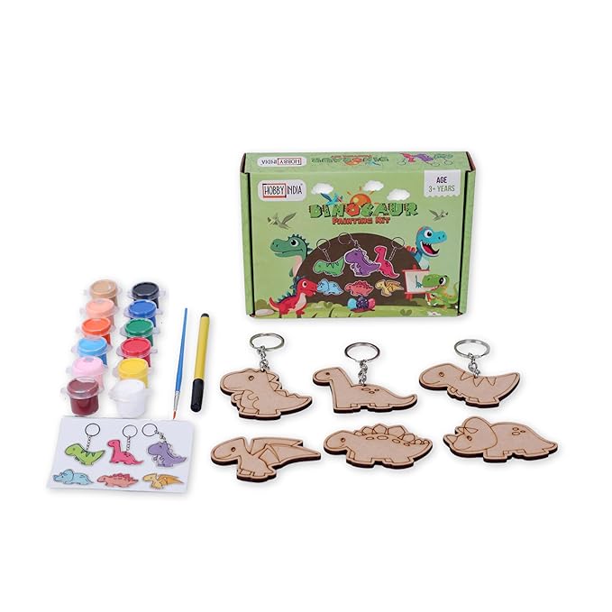 Hobby India Dianosur Theme Keychains & Fridge Magnets Painting Kit's for 3+ Age Kid's | Best Art & Craft Kits for Gifts