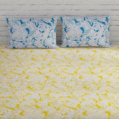 Huesland by Ahmedabad Cotton 144 TC King Size Bedsheet Cotton with 2 Pillow Covers | Yellow & Blue