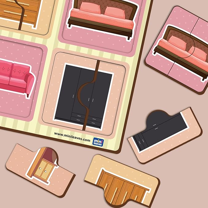 Mini Leaves 2 Piece Puzzle for Kids | Furniture Jigsaw Puzzle | Set of 6 Wooden Puzzles for Kids | Educational Toys for Kids