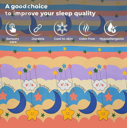 Fresh From Loom Animal 300 TC Elastic Fitted Bedsheet for Kids with Two Pillow Cover Moon Gud Night Queen Gud Night Multi Color