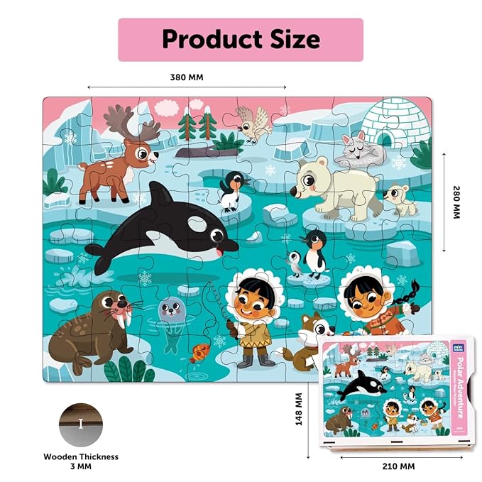 Mini Leaves 48 Piece Wooden Puzzle for Kids & Adults | Polar Adventure Jigsaw Puzzle | Fun & Challenging Floor Wooden Puzzle Game