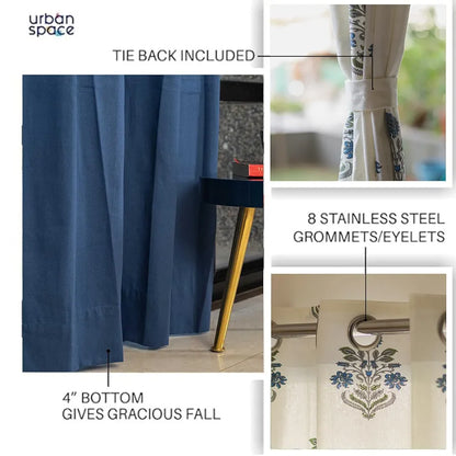 Urban Space Cotton Curtains for Door Combo Set of 3 Curtains 7 feet Long Room Darkening Curtain Tieback & Eyelets Included with Curtains Liberty Blue & Aura Indigo