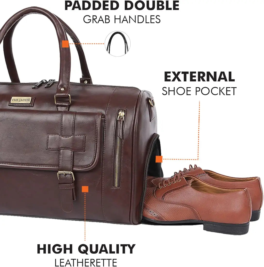 Fur Jaden Weekender Premium Duffle Bag with Shoe Pocket for Travel for Men and Women Made of Faux Leather with Attachable Shoulder Strap Cabin Holiday Bag 