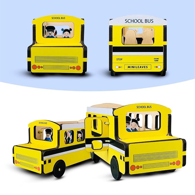 Mini Leaves School Bus Adventure | Wooden Play Set With 5 Figures Little Toddler Toy Explorers | Fun and Imaginative Toy for Kids