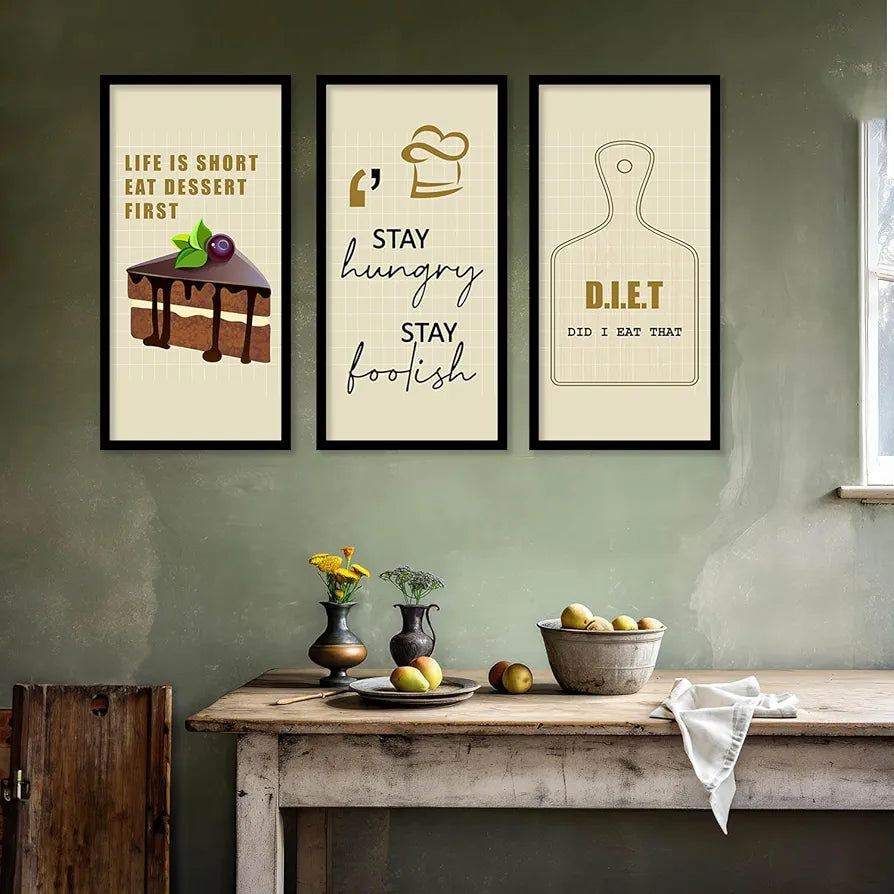 Kotart Quotes Posters with Frame for Restaurant Life Is Short Set of 3