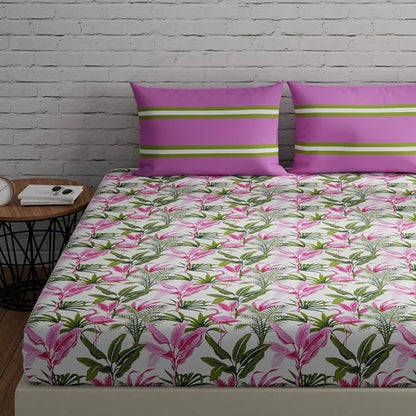 Huesland by Ahmedabad Cotton 144 TC Cotton Bedsheet for Double Bed King Size with 2 Pillow Covers |Flamingos & Stripes Pink & Green