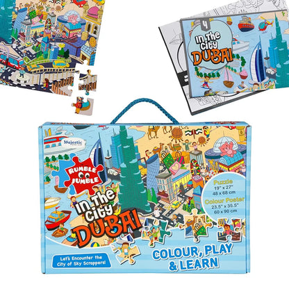 THE BOOK TREE In The City Dubai Fun And Educational Floor Puzzle By Majestic Book Club, Package Includes A Big Size Colouring Poster And Jigsaw Puzzle Packed In A Beautiful Box For Kid