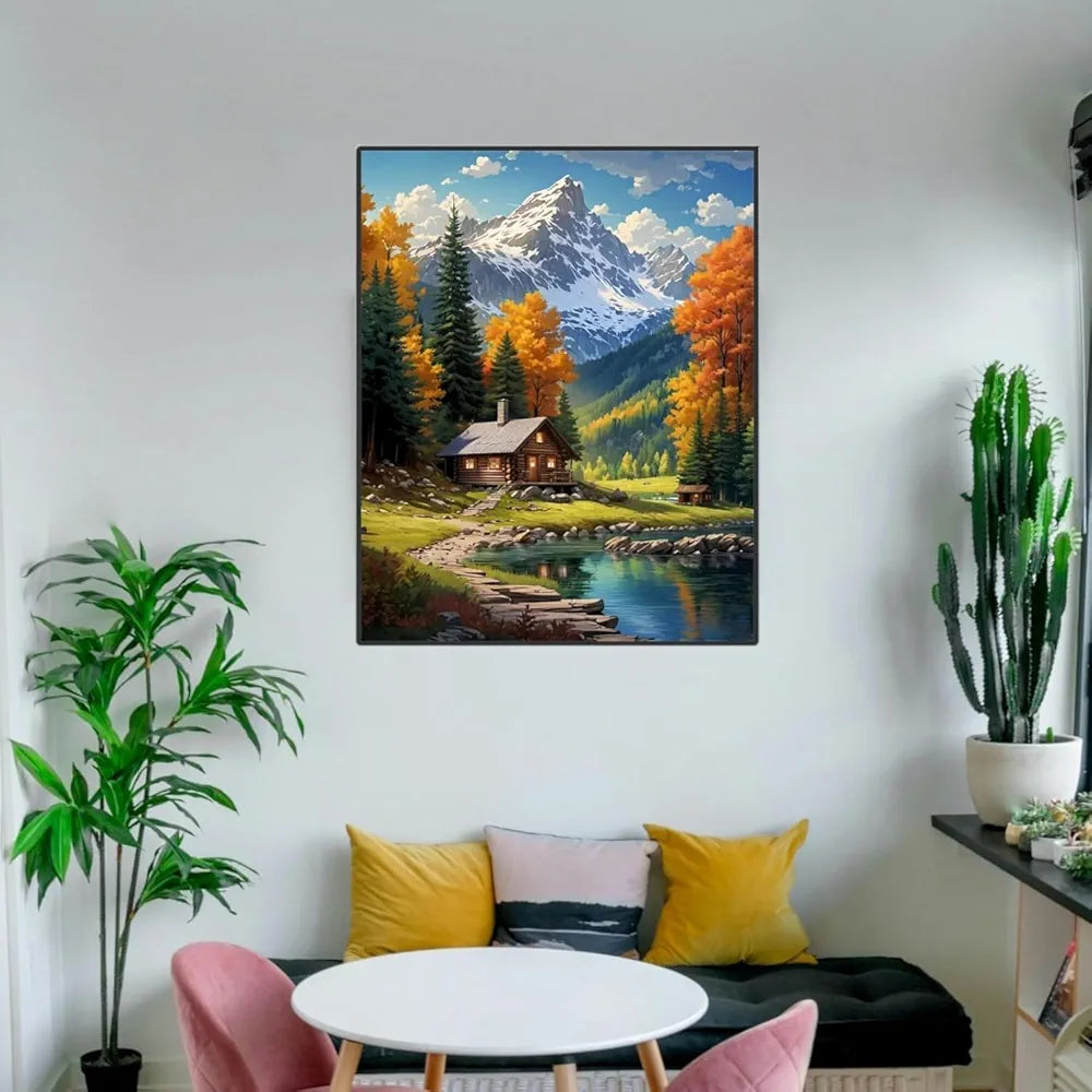 TREXEE DIY Mountain Paint by Numbers Kit for Adults & Kids Beginner Cabin Adult Paint by Number Kits On Canvas Mountain Acrylic Oil Painting Kit for Beginners Adults PNB 