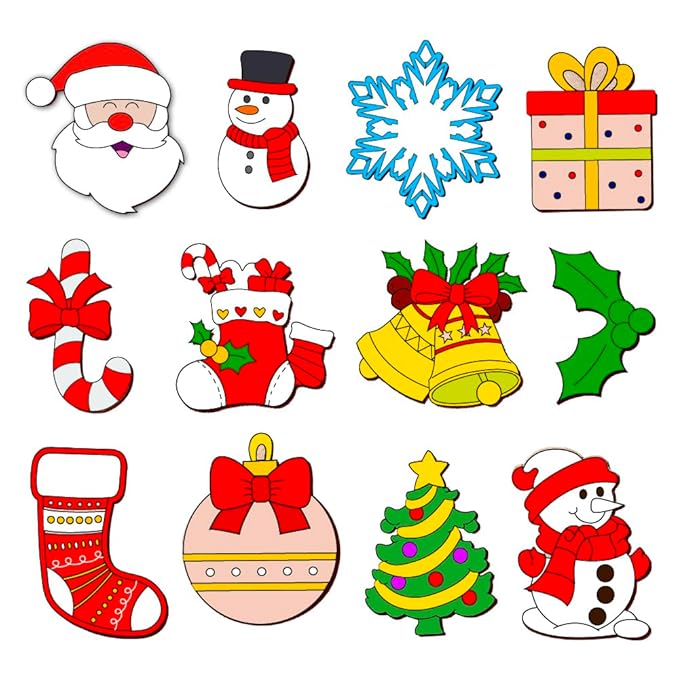 Mini Leaves Wooden DIY Christmas Santa Claus Wooden Fridge Magnets Cut Outs Multicolor Set of 12 | Festive Season Fridge Magnetic Toys for Kids 3 4 5 Years Kids