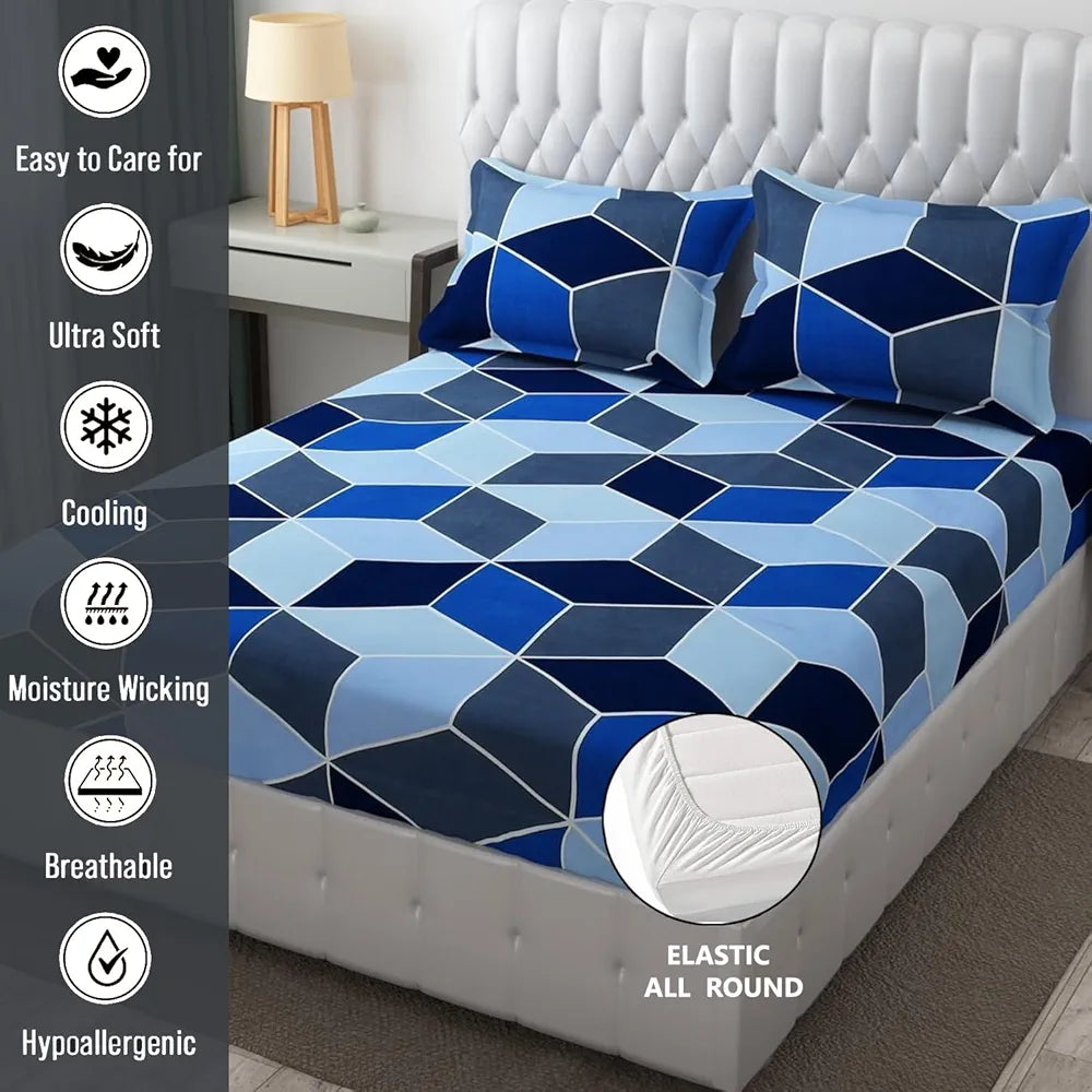 Fresh From Loom Soft Glace Cotton Fitted Bedsheet King Size Bed with Two Pillow Cover Elastic Geometric Bluish Multicolor 144 TC