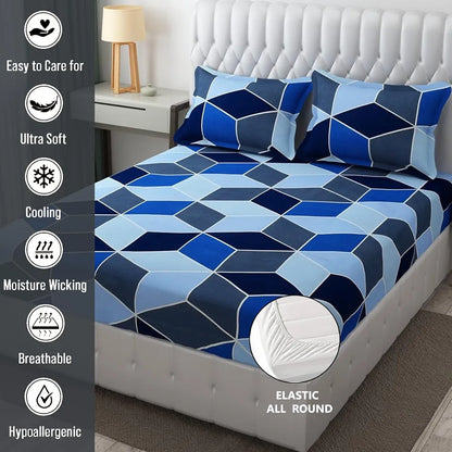 Fresh From Loom Soft Glace Cotton Fitted Bedsheet King Size Bed with Two Pillow Cover Elastic Geometric Bluish Multicolor 144 TC