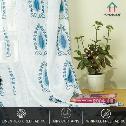 Homadorn Linen Sheer Printed Semi Transparent Curtains for Window Set of 2 Blue Motifs
