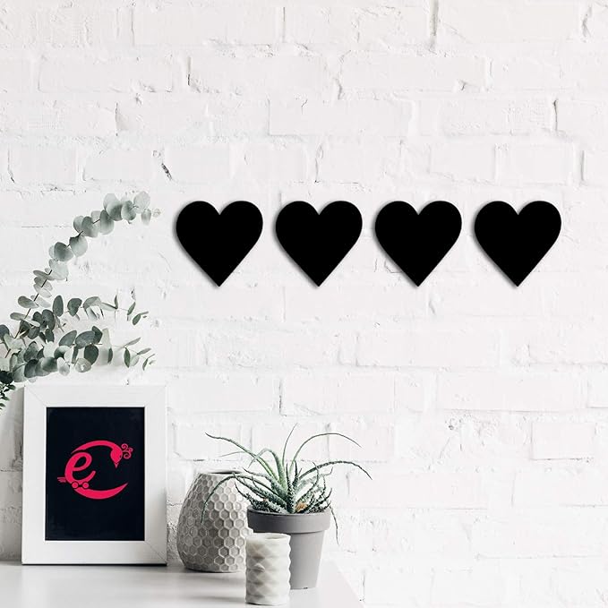 Ecraftindia Set of 4 Hearts Black Engineered Wood Cutout Wall Art Decor | Romantic Wall Hanging