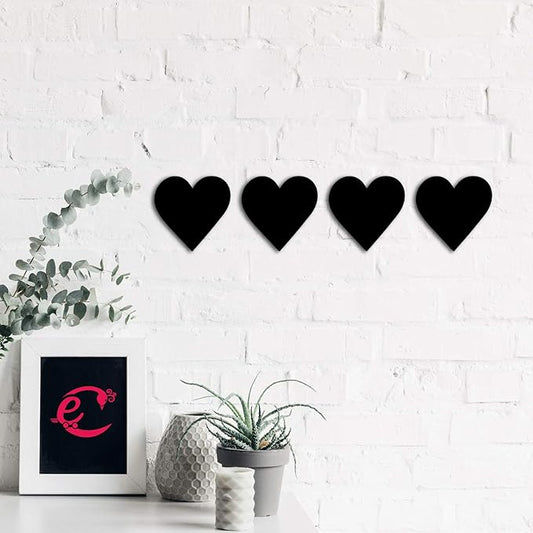Ecraftindia Set of 4 Hearts Black Engineered Wood Cutout Wall Art Decor | Romantic Wall Hanging