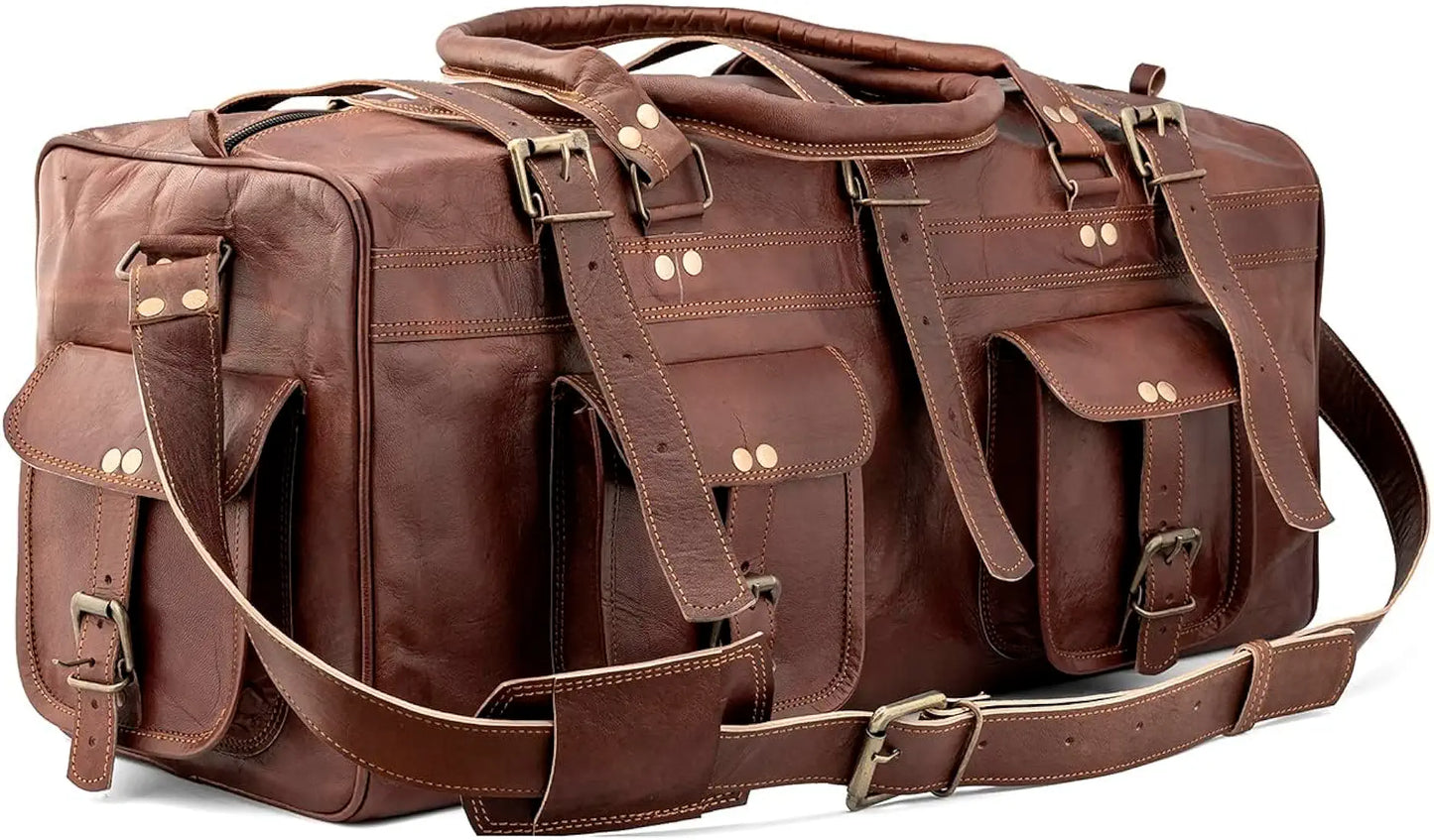 Goatter Genuine Leather Multi Pockets Travel Overnight 22" Duffle Bag for Men Large Size