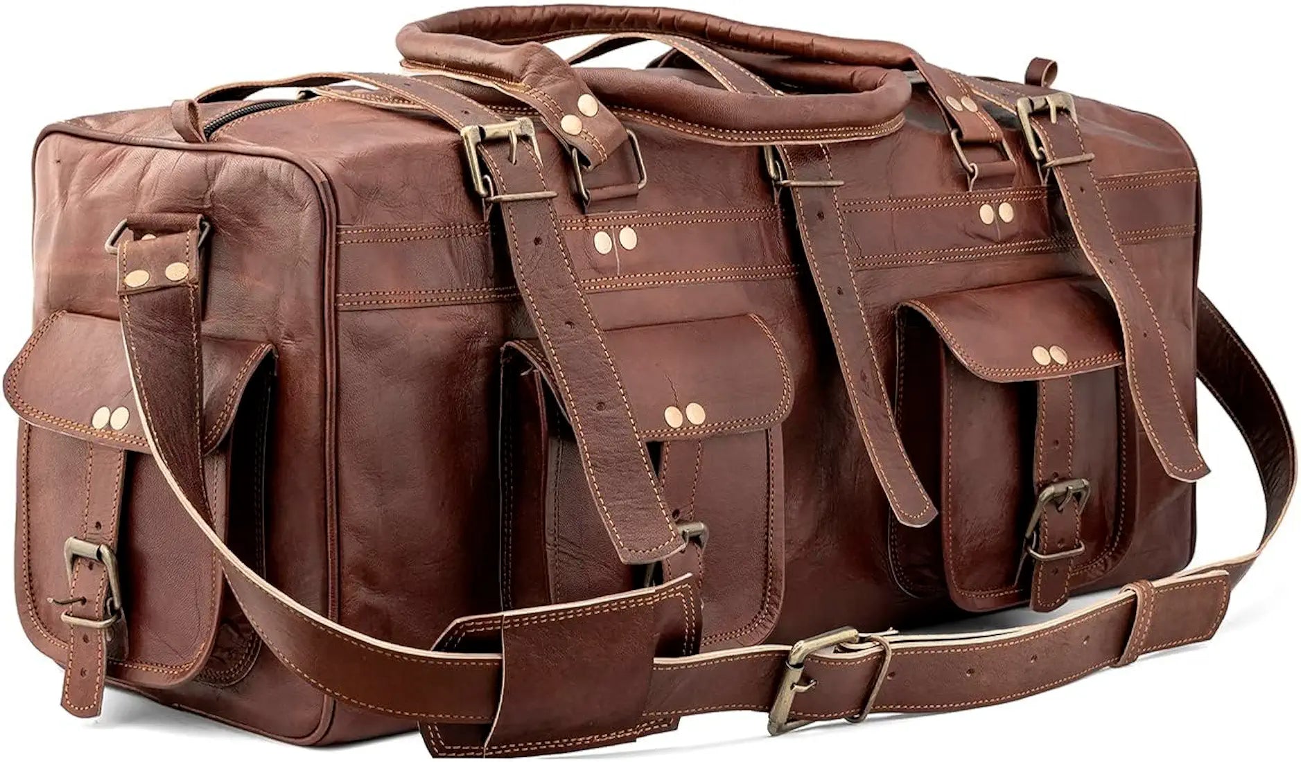 Goatter Genuine Leather Multi Pockets Travel Overnight 22" Duffle Bag for Men Large Size