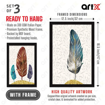 ArtX Paper Abstract Leaf Wall Painting Big Size Framed Painting Multicolor Set Of 3