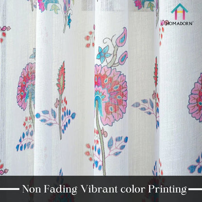 Homadorn Linen Sheer Printed Semi Transparent Curtains for Window Set of 2 Pink Flower