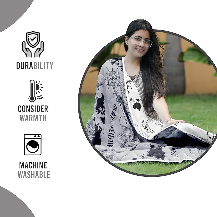 Divine Casa Microfibre Mild Winter 120 GSM Printed Reversible Single Bed Size Quilt Comforter Blanket TC - 120 Colour Light Grey and Black