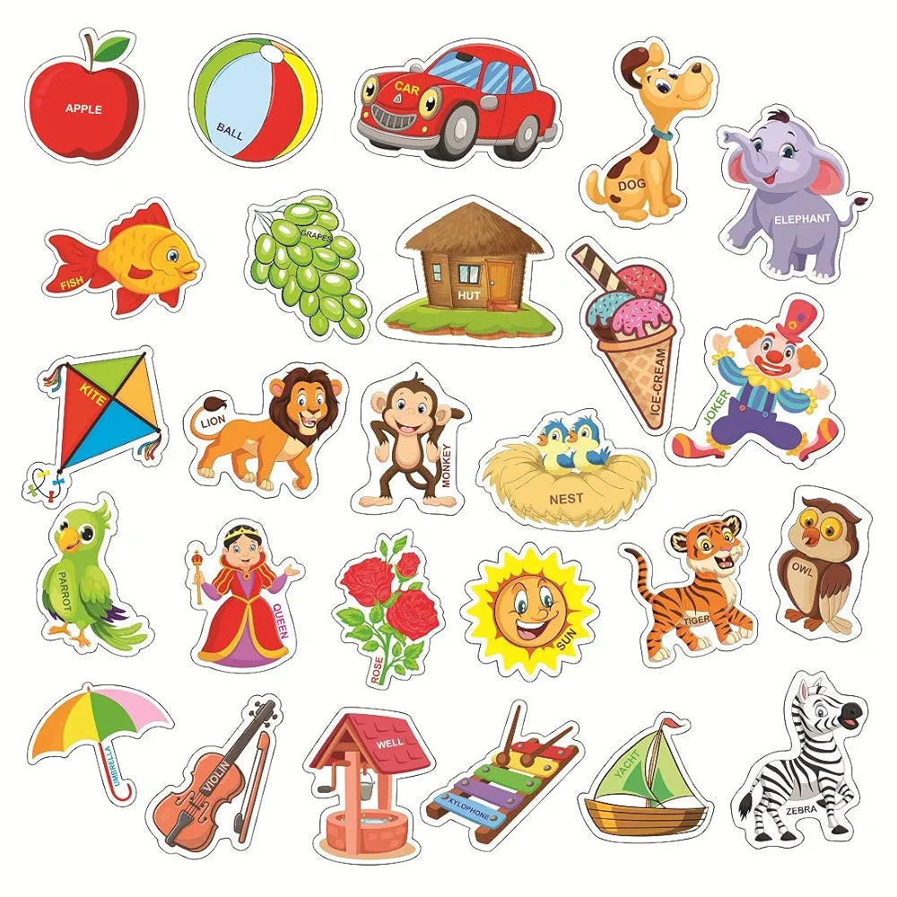 Clever Kids Educational Alphabet Activity Mat  with 13 Both Sides Printed Flash Cards & 26 Transport Vehicle eva Cutouts with Velcro.