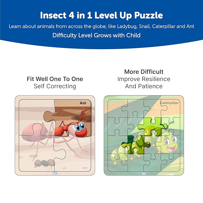 Mini Leaves Insects Themed 4-in-a-box Wooden Puzzles With 4, 6, 9, and 12 Pieces | Difficulty Level Grows With Kids