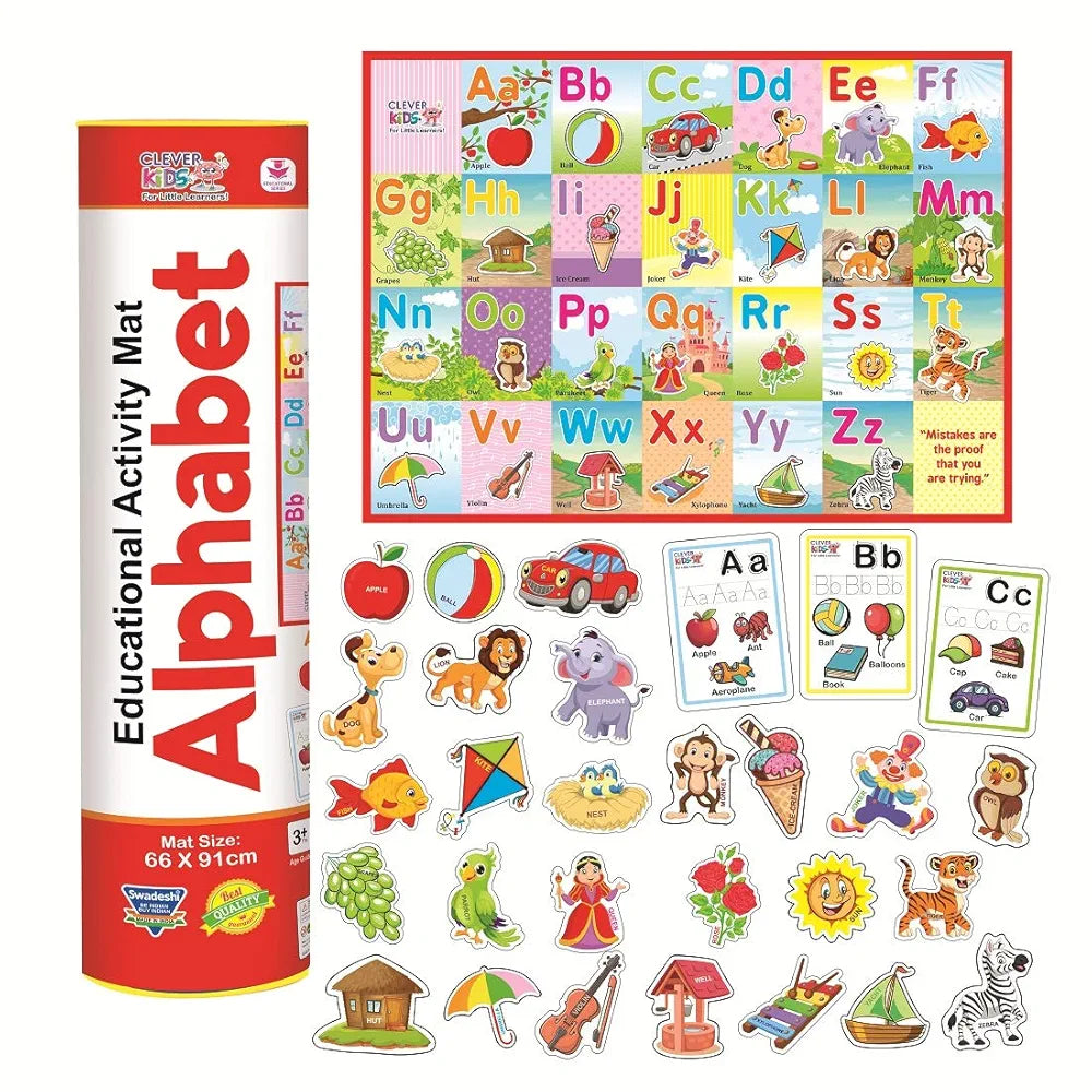 Clever Kids Educational Alphabet Activity Mat  with 13 Both Sides Printed Flash Cards & 26 Transport Vehicle eva Cutouts with Velcro.