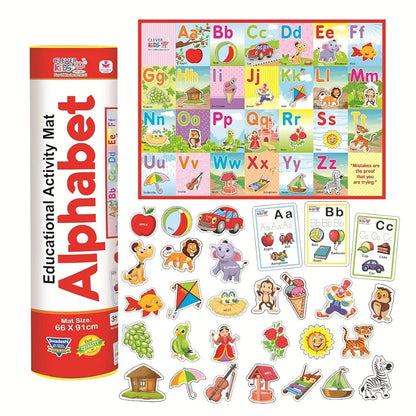 Clever Kids Educational Alphabet Activity Mat  with 13 Both Sides Printed Flash Cards & 26 Transport Vehicle eva Cutouts with Velcro.