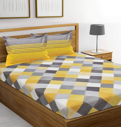 Huesland by Ahmedabad Cotton 144 Tc Cotton Double Bedsheet With 2 Pillow Covers - Yellow | Grey