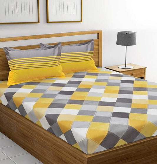 Huesland by Ahmedabad Cotton 144 Tc Cotton Double Bedsheet With 2 Pillow Covers | Yellow | Grey