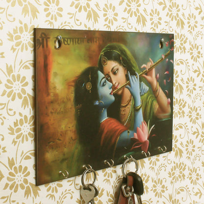 Ecraftindia Radhe Krishna Theme Wooden Key Holder With 6 Hooks