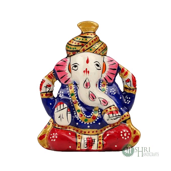 Shri Handicrafts Metal Meenakari Painting Lord Ganesha Car Dashboard Idol Small Ganpati Statue for Puja Temple Office Gifts