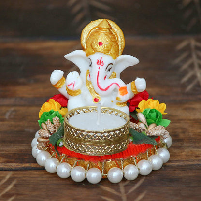Ecraftindia Resin Lord Ganesha Idol on Decorative Plate Tea Light Holder | Ganesha Statue for Puja Room