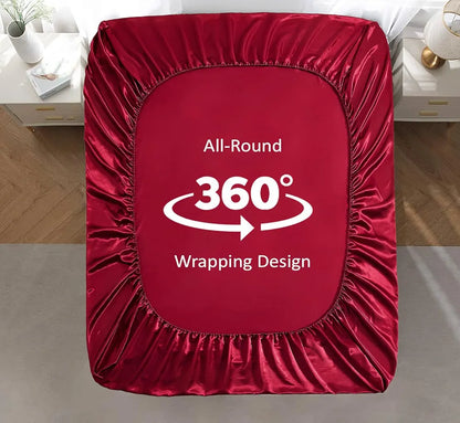 Cloth Fusion Satin Elastic Fitted Bedsheet for Double Bed King Size with 2 Pillow Covers H603 280 TC Crimson Red