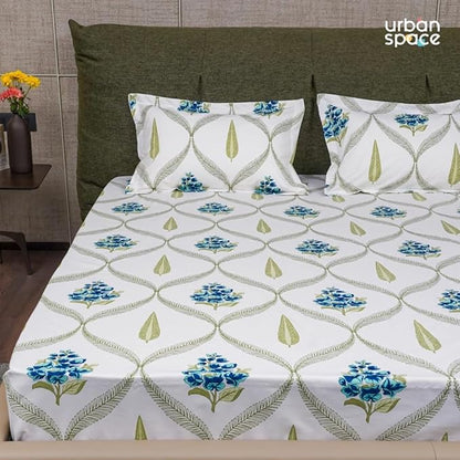 Urban Space Serene Bedsheet for Double Bed 2 Pillow Covers (Colour Floral Moroccan Blue)