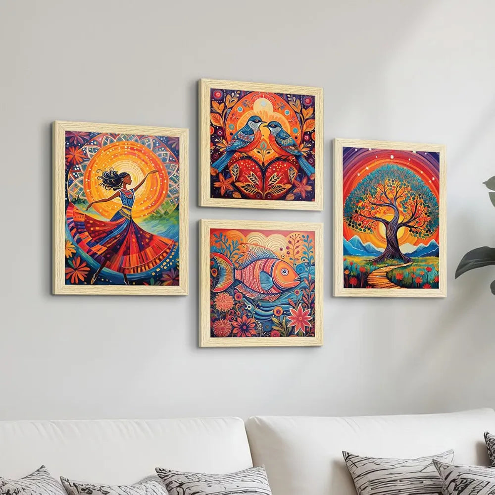 ArtX Paper Madhubani Madhubani-SO4-04 Art Paintings with Frame Multicolor Set of 4