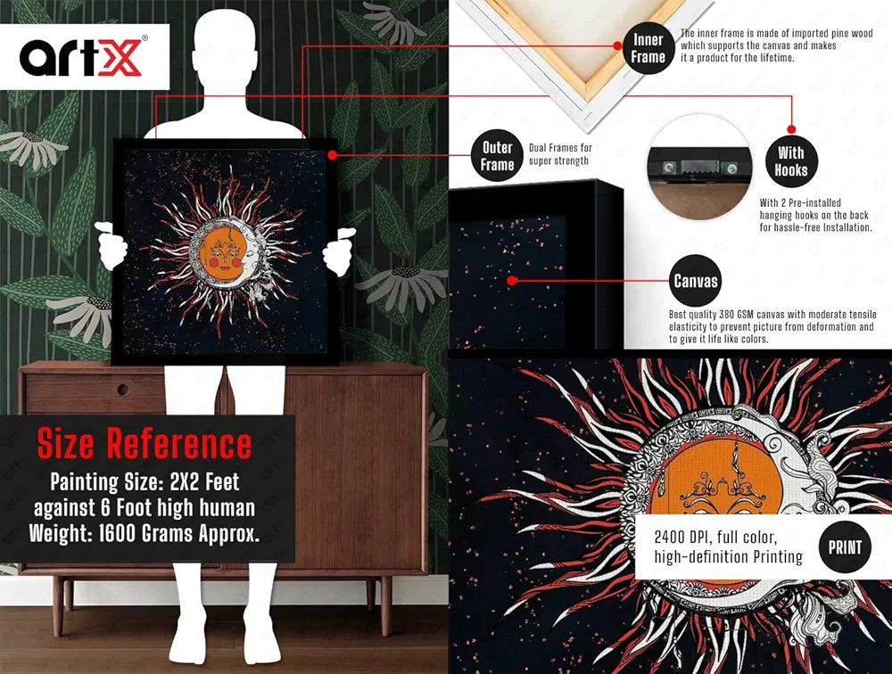 ArtX Sun And Moon Madhubani Big Canvas Painting With Frame