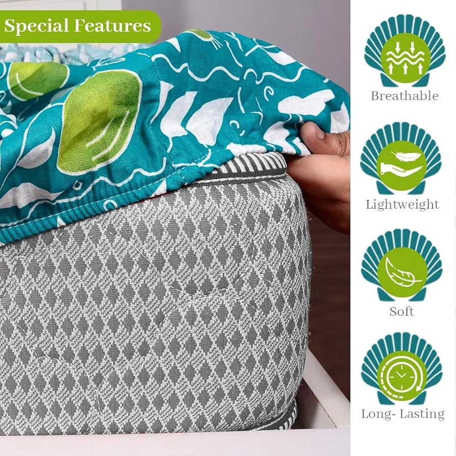 Divine Casa 144 TC Floral Blue 100% Elastic Fitted Printed King Size Double Bed Bedsheet with 2 Pillow Cover for Bedroom Colour Tile Blue