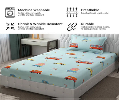 Fresh From Loom Soft Hypoallergenic Bed Sheet Cartoon Printed Single Bedsheet Kids Bedsheet With 1 Pillow Cover 144 tc Aqua