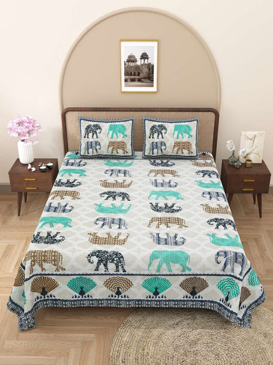 100% Pure Cotton Traditional Printed Bedsheet for Double Bed King Size Bedsheet with 2 Pillow Covers