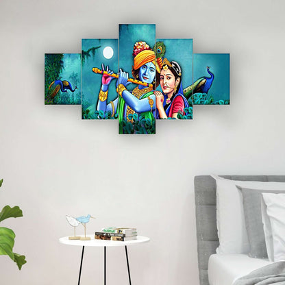 Radhe Krishna Set of Five 3D Framed Paintings for Wall Decoration – Ideal for Home, Living Room, and Bedroom (125 x 60 CM)