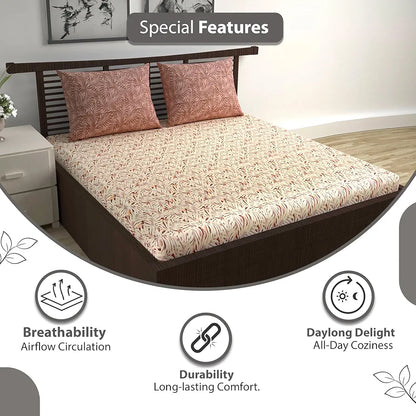 Divine Casa 144 TC 100% Cotton Double Bedsheet with 2 Pillow Covers Tropical Leaf Colour Cream Brown