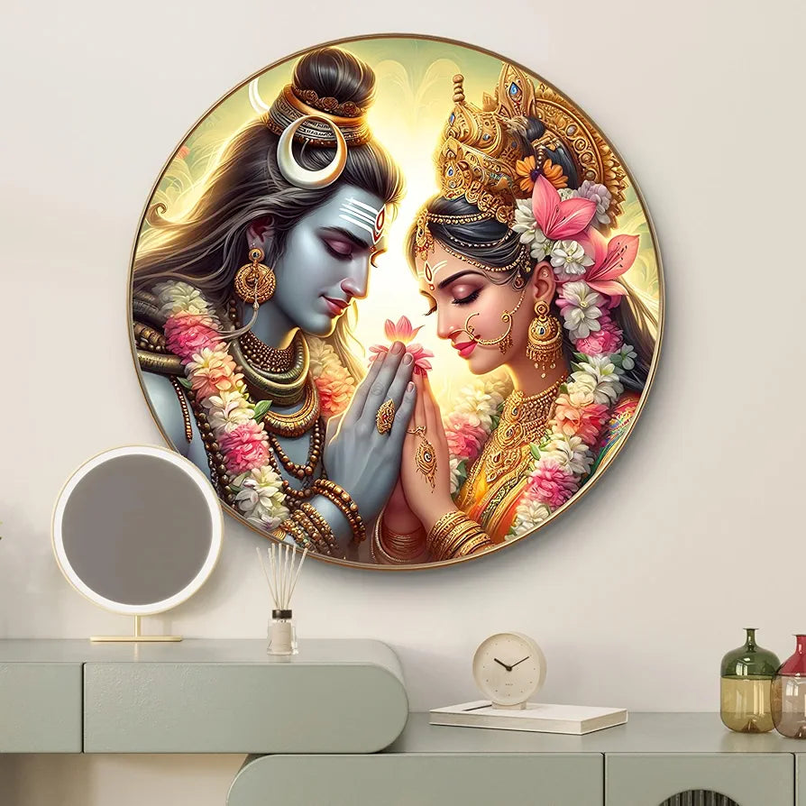 Livin'luxe Paintings Divine Shiva Parvati Wall Painting with Frame - Sparkle Glossy Round Golden Framed Large