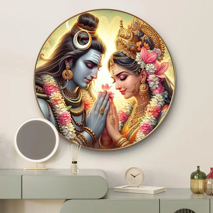 Livin'luxe Paintings Divine Shiva Parvati Wall Painting with Frame - Sparkle Glossy Round Golden Framed Large