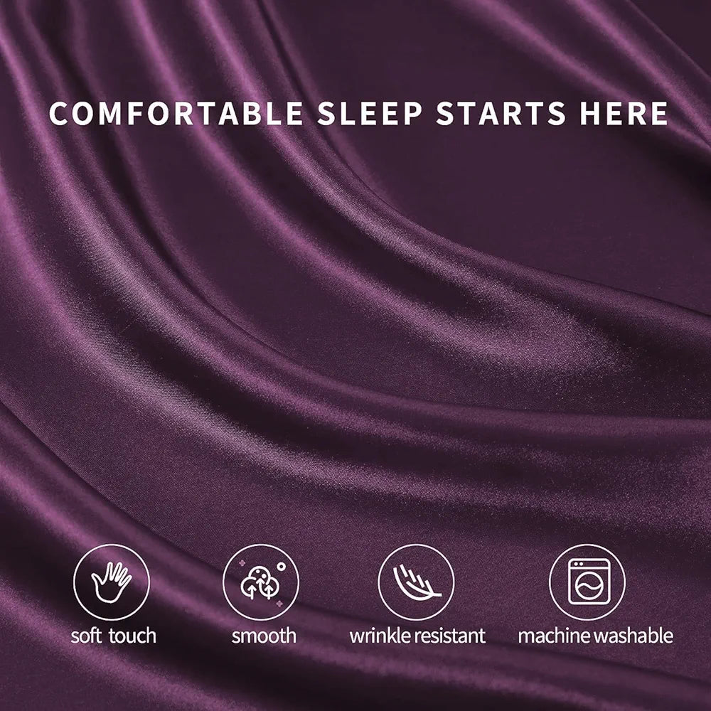Cloth Fusion Satin Elastic Fitted Bedsheets Double Bed Luxury Queen Size with 2 Pillow Covers Wine